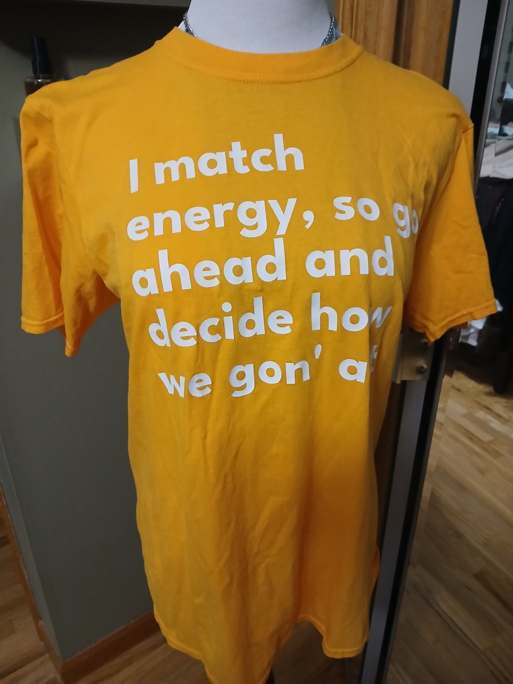 Gildan Yellow Graphic Tee with White Text - 'I match energy'